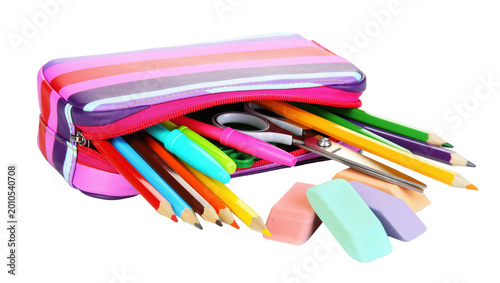 Foto Pink zippered pencil case filled with colorful pens pencils, and erasers