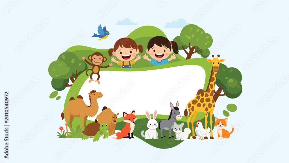Naklejka premium Diverse group of cute animals including a giraffe, camel, and fox gathered around two happy children and a blank white sign in a green park.