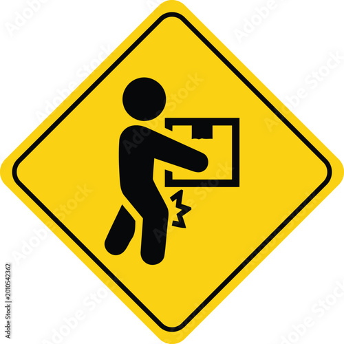 Warning sign for manual handling of heavy loads pictogram of a person lifting a box with back pain safety symbol for workplace hazards isolated on yellow background