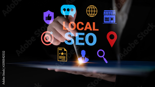 Schilderij op canvas A businessperson highlights local SEO strategies with digital icons depicting engagement and growth, emphasizing the importance of online presence in today market