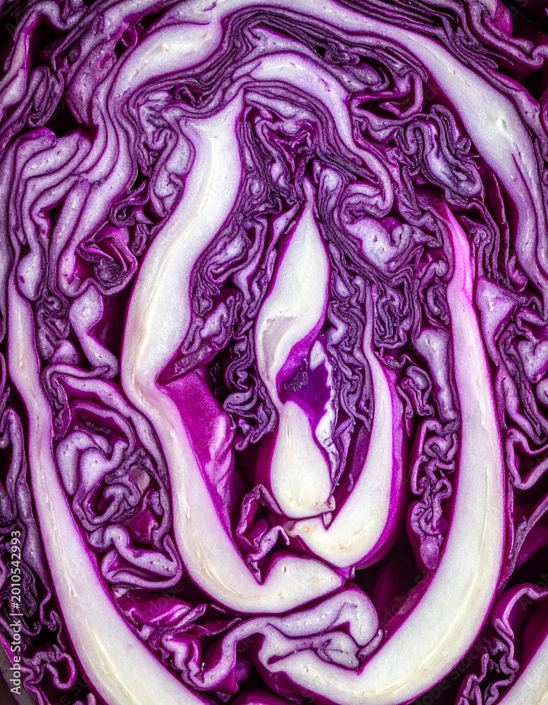 Obraz premium Rotkohl-Detailaufnahme (roh, angeschnitten)