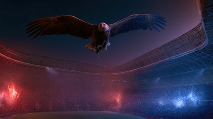 A bald eagle soaring over a massive modern soccer stadium, red and blue pyrotechnics in the crowd, epic cinematic sports photography