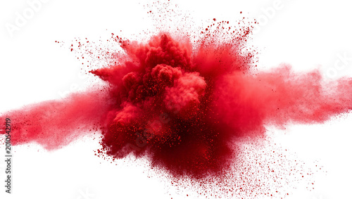 Photos Vibrant crimson powder explosion burst scattering in air