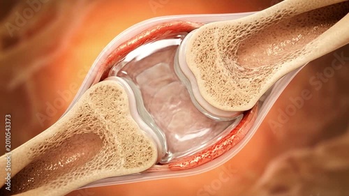 Human knee joint bending and extending in anatomical cross section showing cartilage bones and synovial motion