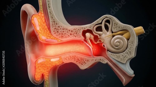 Cross section of human ear showing spreading inflammation through the ear canal and middle ear anatomy