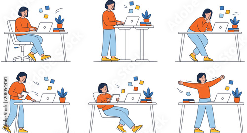Office worker productivity stages with laptop tasks and workflow actions modern business vector illustration set for remote work concept