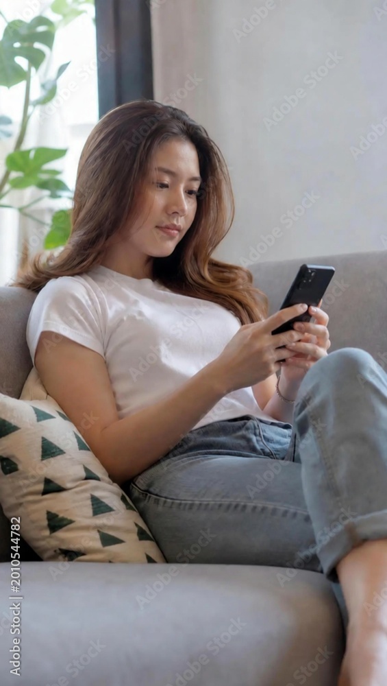 Obraz premium Young Woman Using Smartphone While Relaxing on Sofa at Home