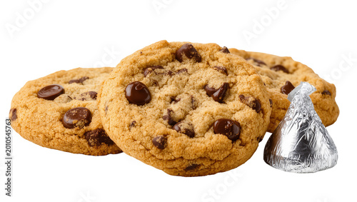 Chocolate chip cookies with Hershey s Kiss candy next to them