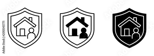 Home insurance icon set with shield and person, outline and solid style, white background, vector Illustration