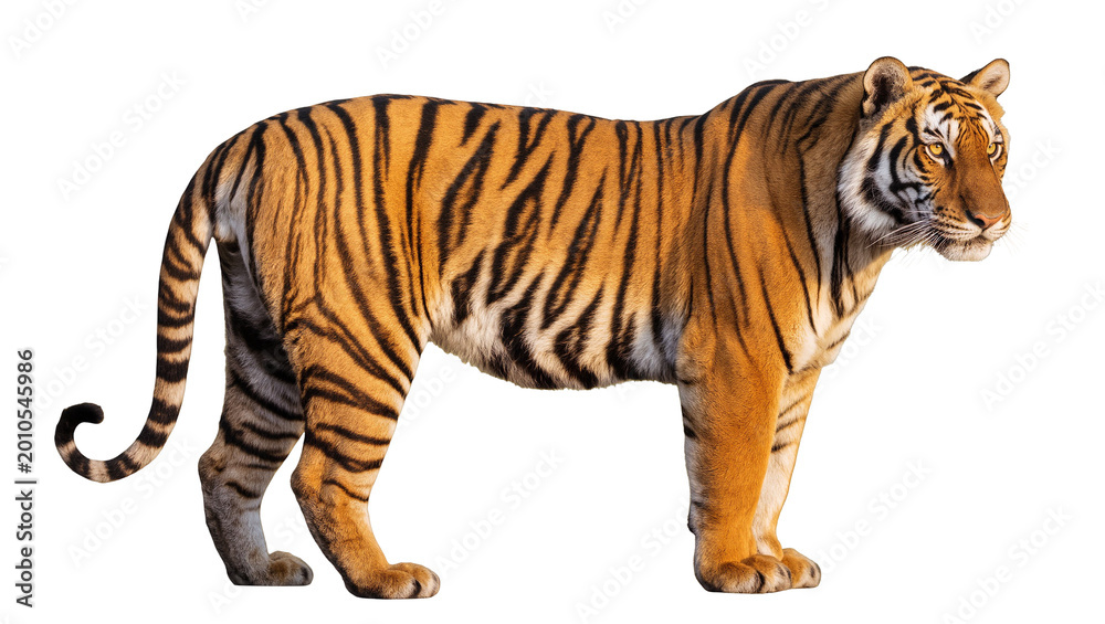 Obraz premium Orange striped Bengal tiger standing in profile view