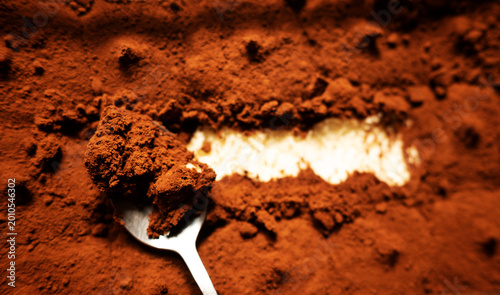 Close up spoon with tiramisu dessert  with cocoa powder. Food background. Italian cuisine 