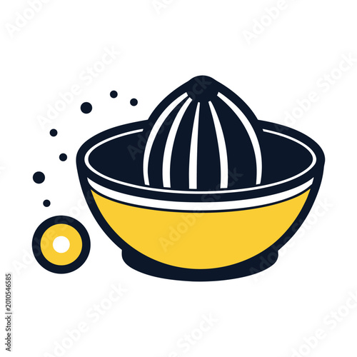 Minimalist citrus juicer icon, yellow and black manual lemon squeezer vector, kitchen tool illustration for healthy lifestyle and fresh juice branding