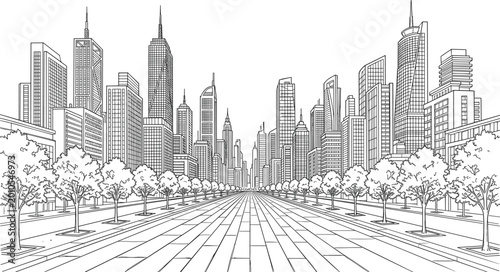 Obraz na płótnie Modern City Skyline with Skyscrapers and Tree-Lined Boulevard in Perspective, Ur
