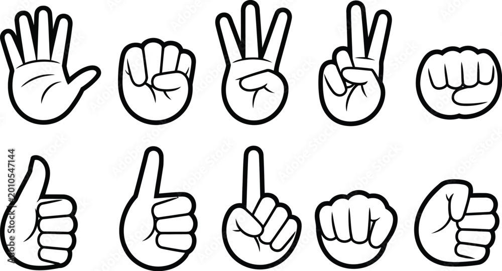 Fototapeta premium Cartoon hands vector set, playful white glove hand gestures showing pointing waving peace sign and cupped hand for animation and graphic design use.