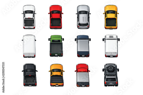 A colorful set of vehicle icons including cars buses trucks taxis and airplanes designed for transportation and web use