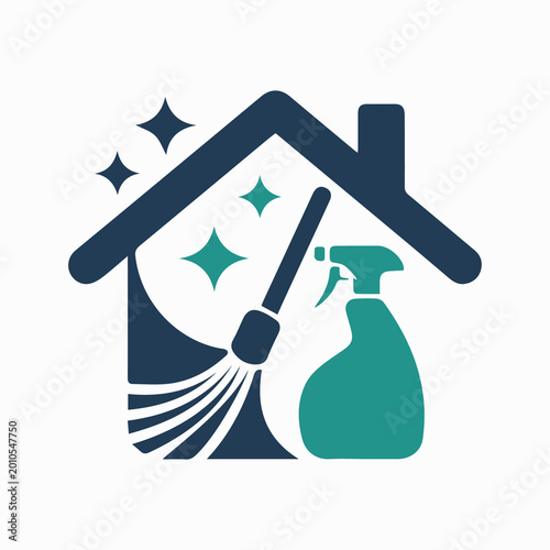 House Cleaning Service Logo with Broom and Spray Bottle