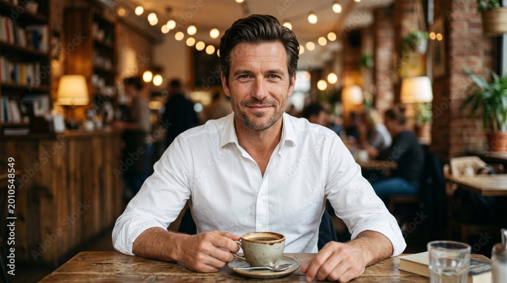 Fototapeta premium Confident man drinking coffee in stylish modern cafe setting