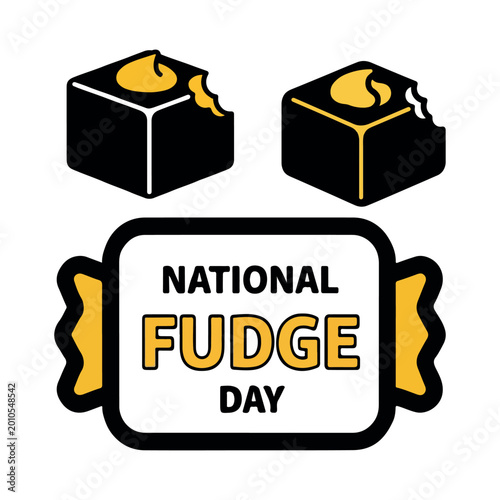 National Fudge Day vector illustration, chocolate fudge cubes with bite marks, sweet candy confectionery icons for food holiday marketing