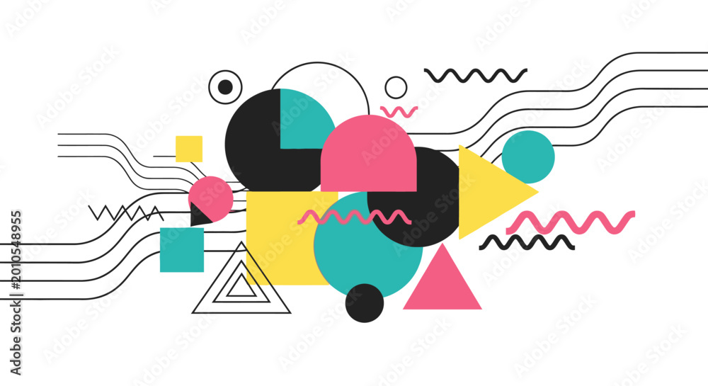 Obraz premium Colorful abstract geometric pattern with Memphis style shapes and lines