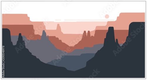 Fotografía Flat design desert landscape with layered canyons and a distant sun