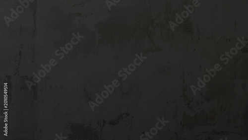 Black horror grunge background featuring old concrete wall texture with cracks, crushed damaged surface, stains and scratches enhanced by dark vignette and eerie lighting mood