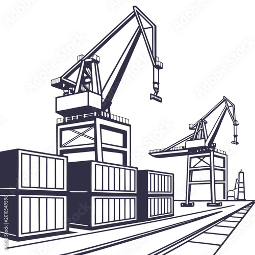 Quadro su tela dockyard scene with shipping containers and industrial cranes black and white li