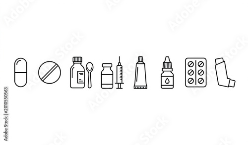 Tableau sur toile Dosage forms linear icon set with pharmaceutical medicine types in clean medical