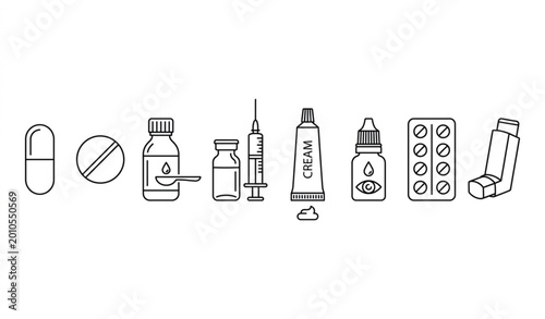 Dosage forms linear icon set with pharmaceutical medicine types in clean medical outline style