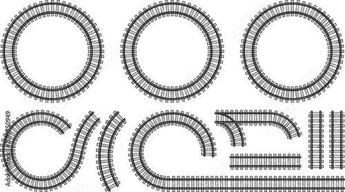 Fotografie Set of Train Track Layout Pieces - Curves, Straights, and Circular Tracks