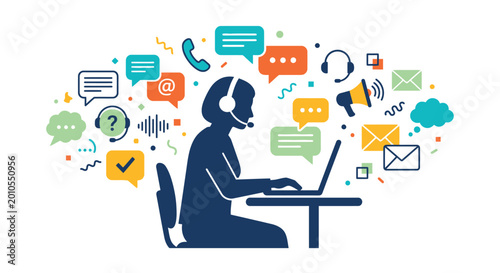 Customer service representative illustration with communication icons