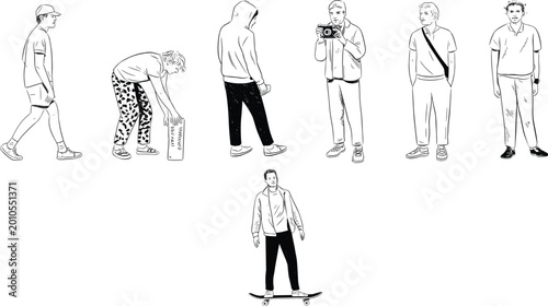 фотографія Diverse young men in casual attire with varied poses and activities against a cl