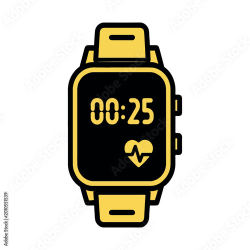 Smartwatch icon with heart rate monitor, digital fitness tracker vector illustration, yellow and black wearable technology for health tracking