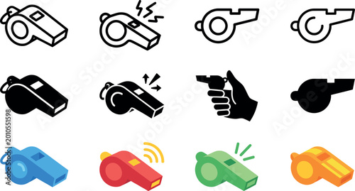 Tableau sur toile Collection of colorful and black and white whistle icons for sports and referee