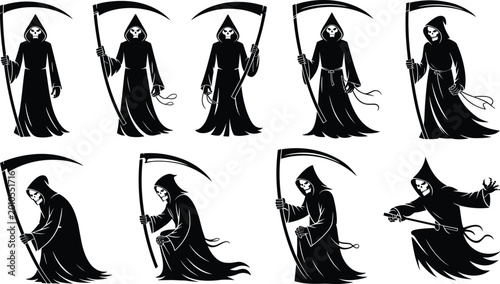 Фотография Grim Reaper silhouettes in various poses with scythes against white background a