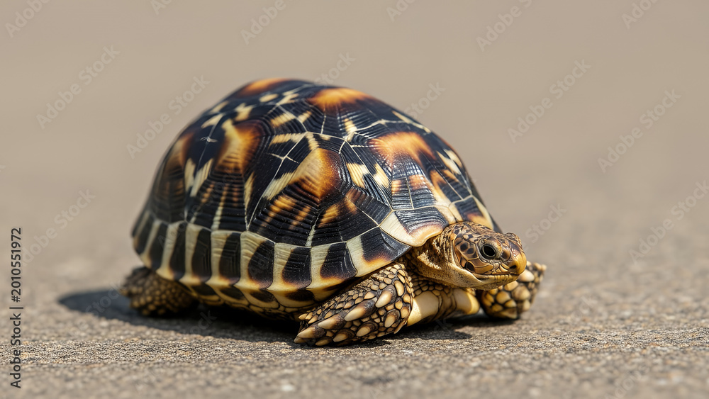 Obraz premium Star tortoise walks slowly across a paved surface, displaying its intricate yellow and black star-patterned shell.