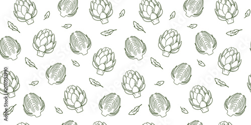 Bild auf Leinwand Artichoke Seamless Pattern Hand Drawn on White Background – Organic Botanical Ve