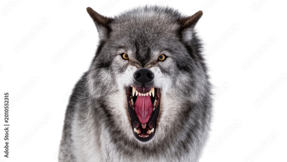 Fototapeta premium Fierce gray wolf head with open mouth and visible teeth