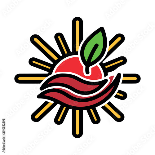 Eco-friendly sun and leaf logo vector, sustainable energy icon with red sun and green leaf, renewable solar power symbol for environmental branding
