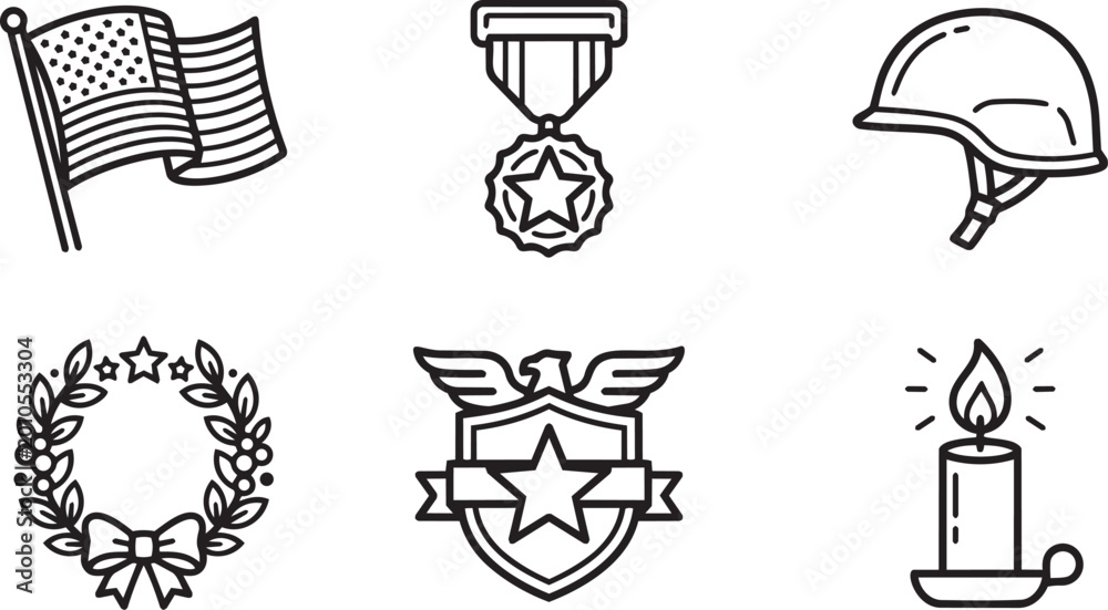 Obraz premium Memorial Day, Patriotic icons, military symbols, American flag, medal, helmet, vector graphics