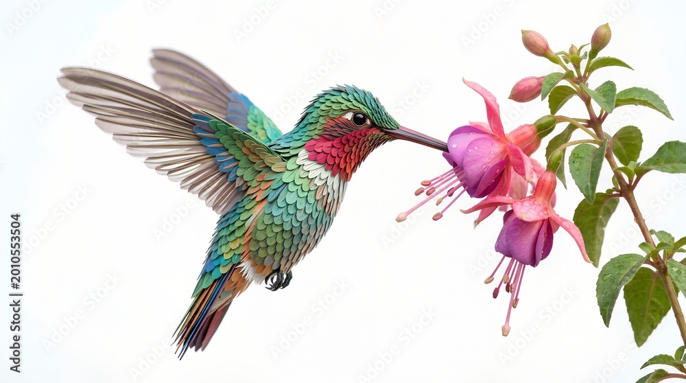 Fototapeta premium Paper Hummingbird at Real Flower