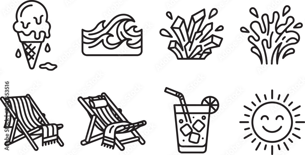 Fototapeta premium Summer icons, beach symbols, line art set, 8 elements