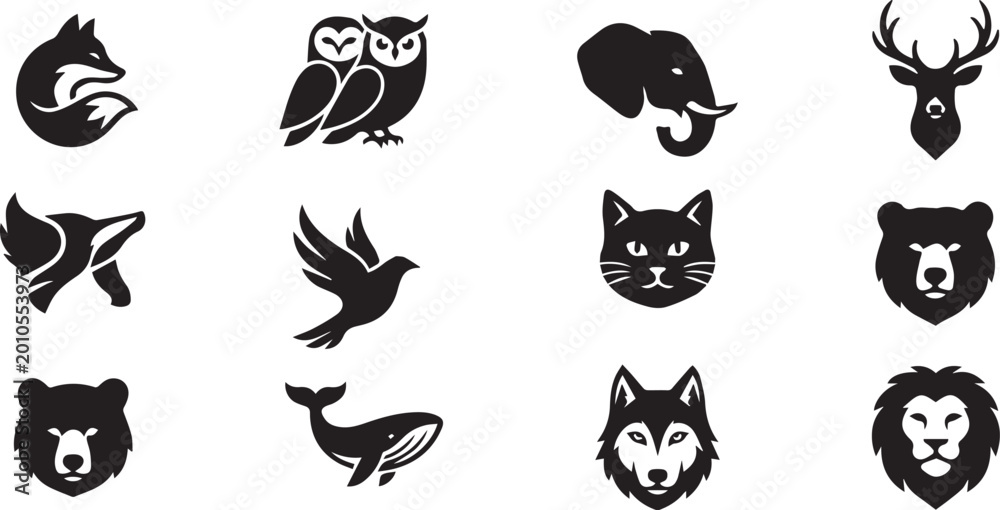 Fototapeta premium Diverse collection of stylized animal portraits including owl fox elephant deer cat bear whale and wolf silhouettes in clean black flat vector design.