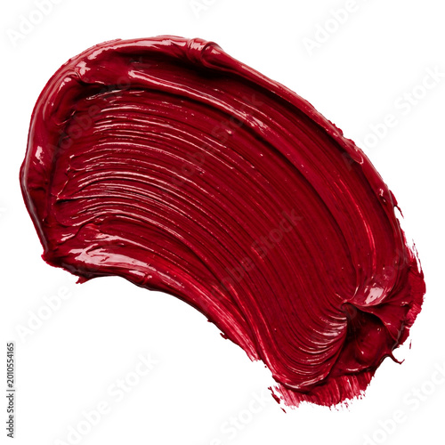 Red lip gloss lipstick smudge isolated on transparent background top view with clipping path make up texture.
