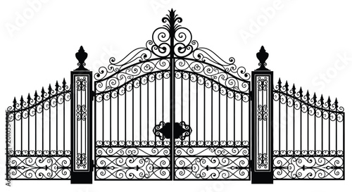 Obraz na płótnie Ornate wrought iron gate with floral details black silhouette high quality