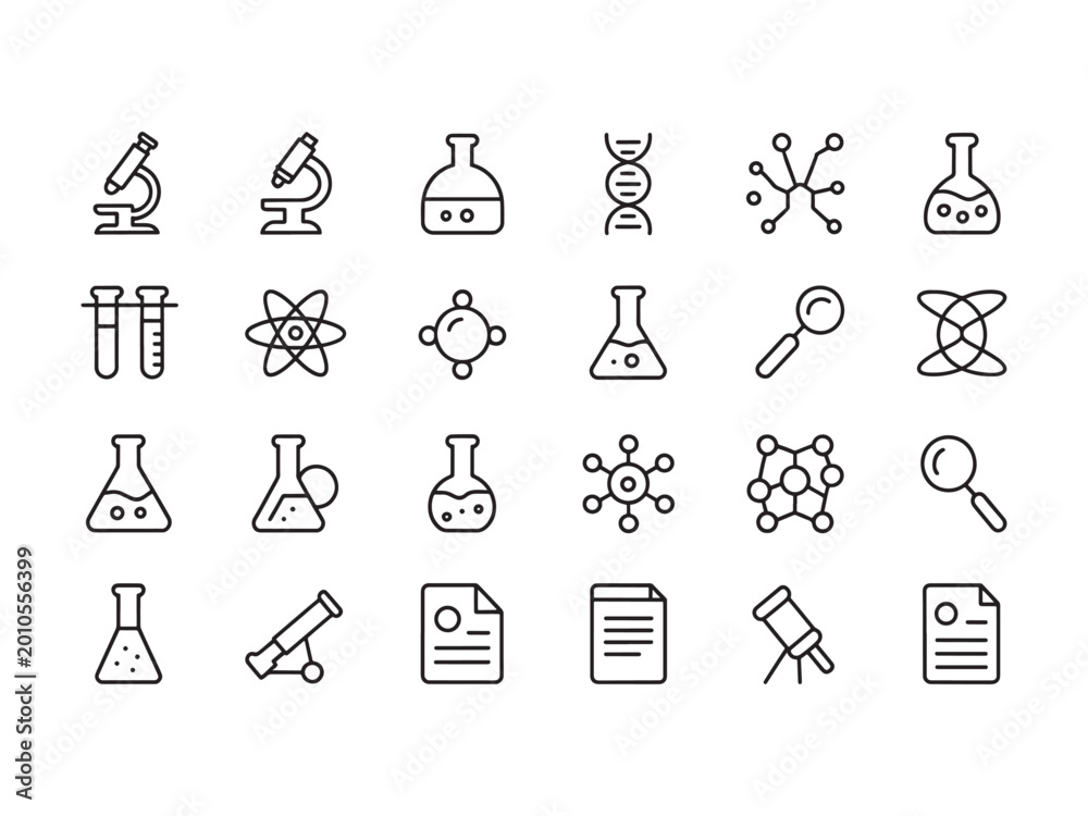 Fototapeta premium Set of science and laboratory outline featuring microscopes, test tubes, chemical flasks, dna strands, magnifying glasses, and research documents on a white background