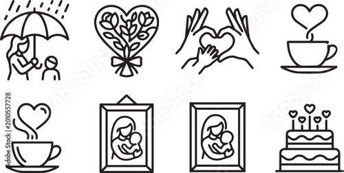 Mother's Day icons, line art set, 8 heart symbols, black and white, minimalistic illustrations, vector graphics