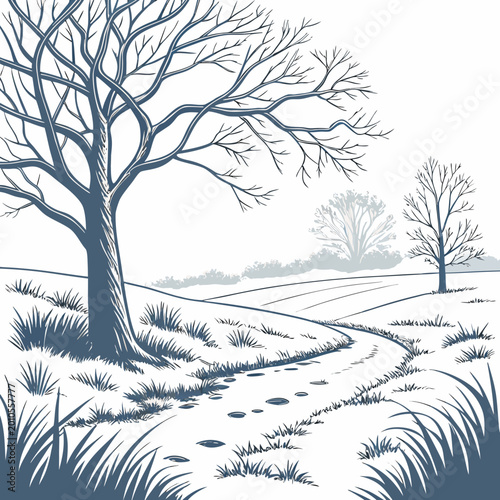 Foto Winter landscape with bare trees and snow covered grassland detailed line drawin