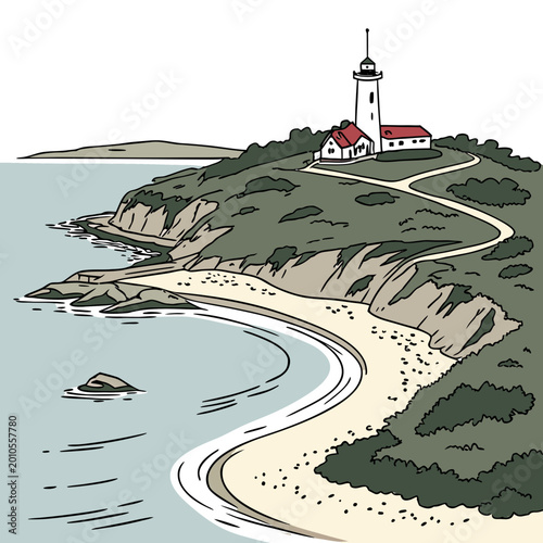 Bild auf Leinwand Coastal island landscape with lighthouse winding path and beach illustration in