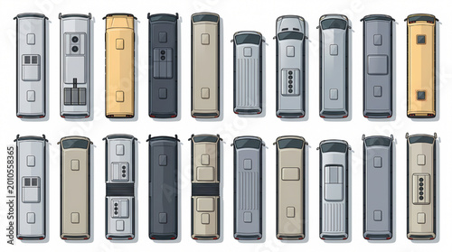 Top View Bus Fleet Vector Grid – Public Transport Map Icons Set with City School Coach Electric Vehicles