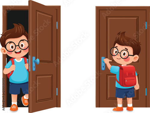 Fotografie Cute Boy Opening and Closing Door Vector Illustration with School Kid Wearing Ba